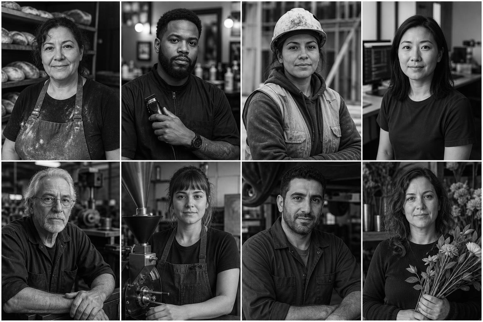 Portraits of independent business owners — bakers, barbers, contractors, mechanics, founders, florists.
