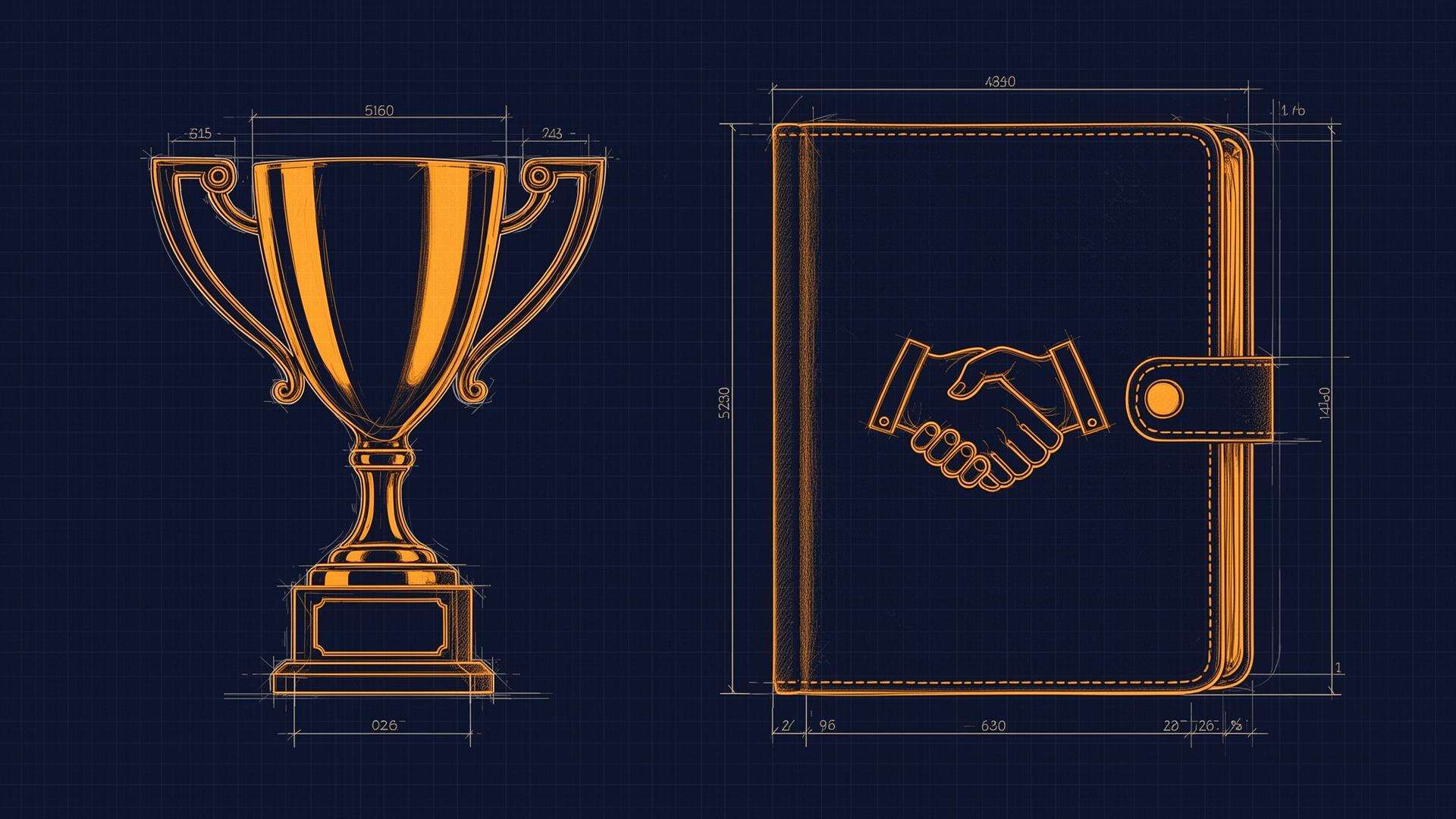 Exited. — blueprint of a trophy and leather deal ledger with handshake