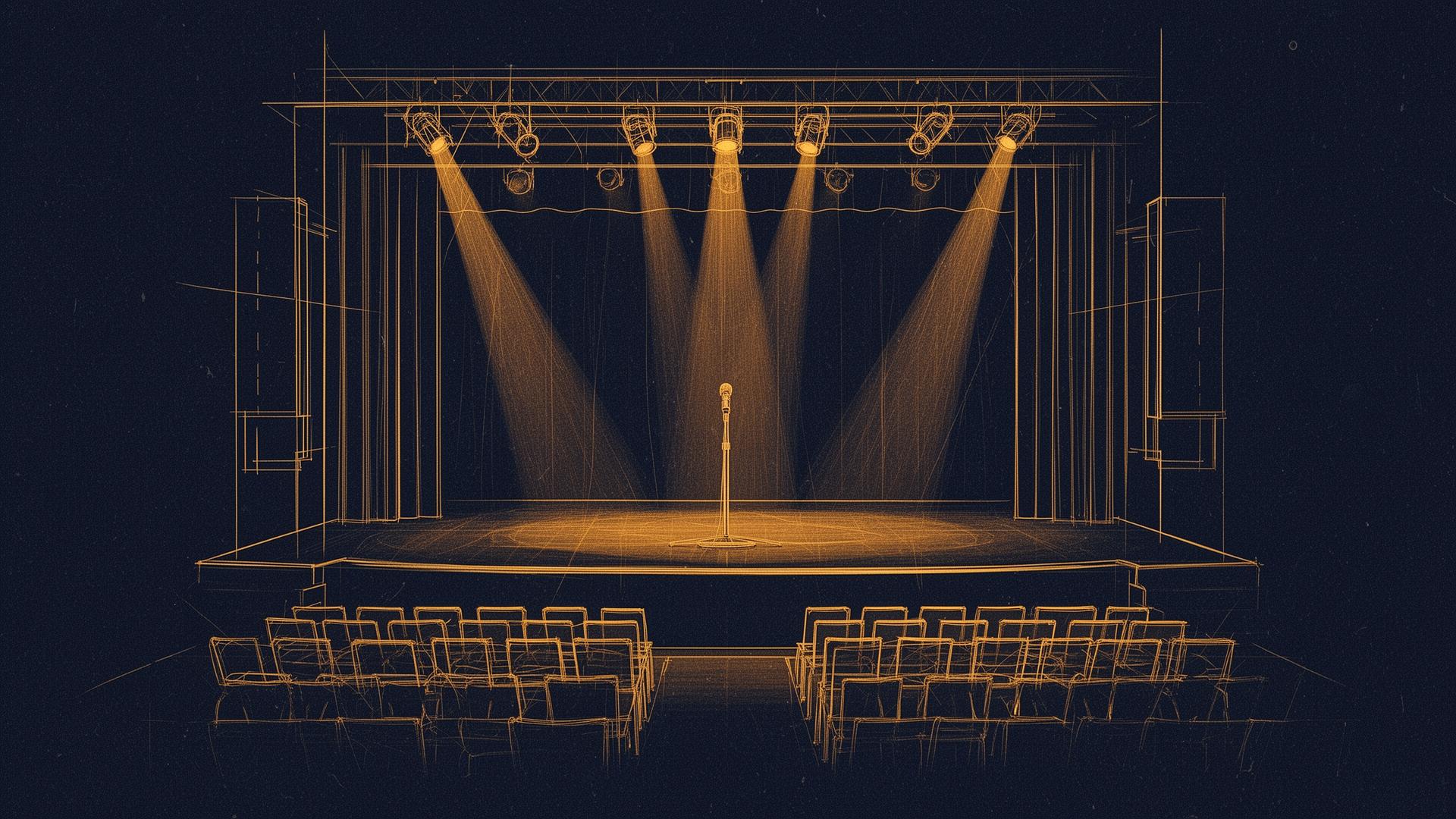 Bootstrapper LIVE — blueprint of a stage, spotlights, and auditorium