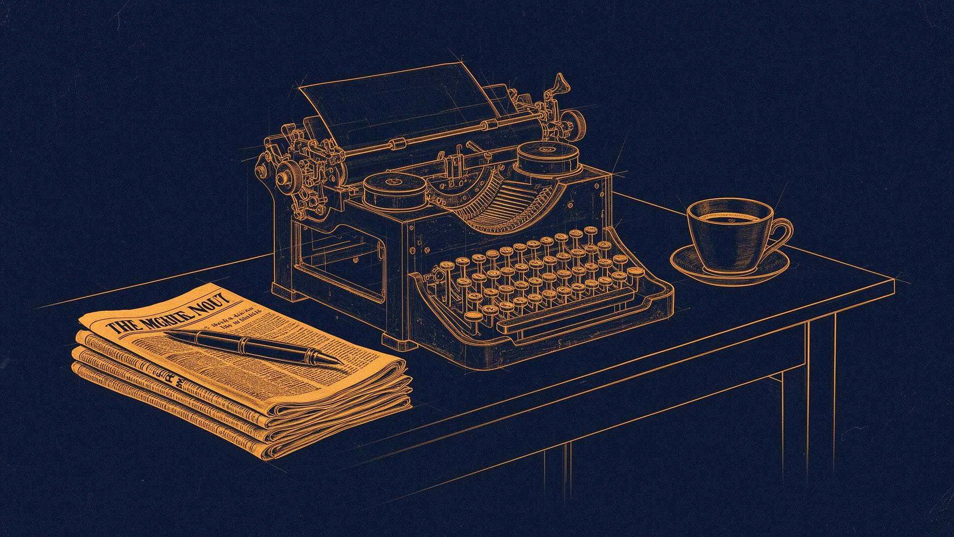 Editorial blueprint of a typewriter, folded newspapers, fountain pen and coffee cup